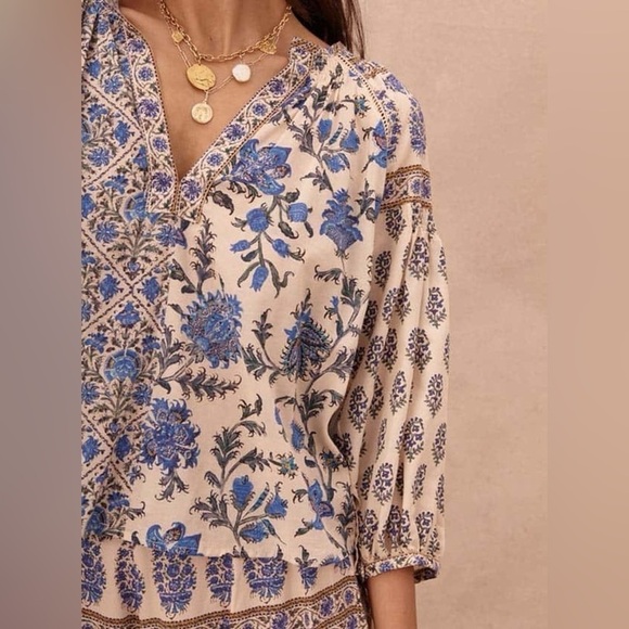 Boteh / Lazuli Smock Top neutral floral puff sleeve Blue 1 small 4 - Picture 2 of 12